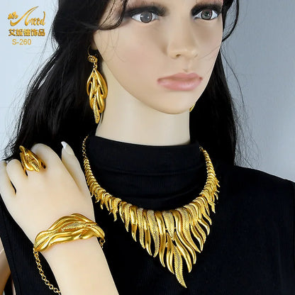 Dubai Women Gold Color Jewelry Sets African Wedding Bridal Ornament Gifts For Saudi Arab Necklace Bracelet Earrings Ring Set