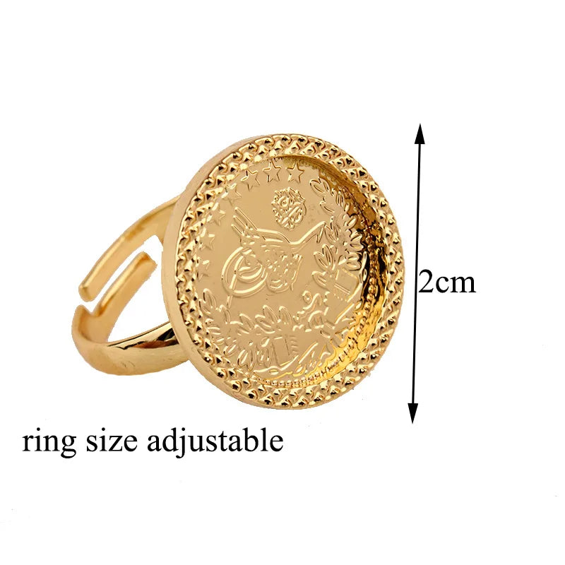 Brass Gold Plated Turkish Coin Rings Adjstable Size Middle East Bague Femme Luxury Bridal Jewelry Wedding Ring Royal Gifts