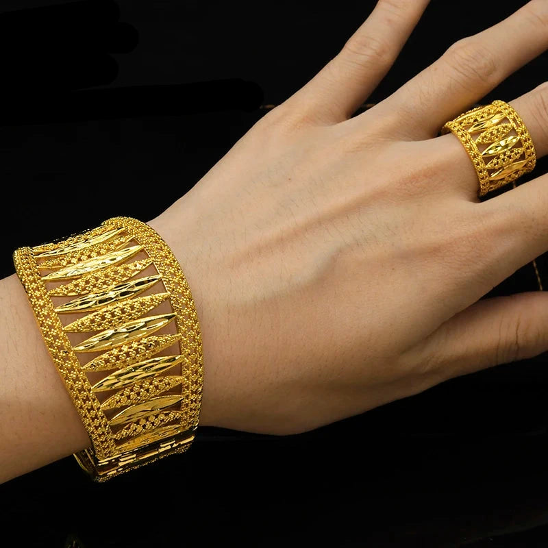XUHUANG Dubai Exquisite Plated Gold Hollow Bangle With Ring For Women Arab Luxury Charm Copper Bangles Bracelets