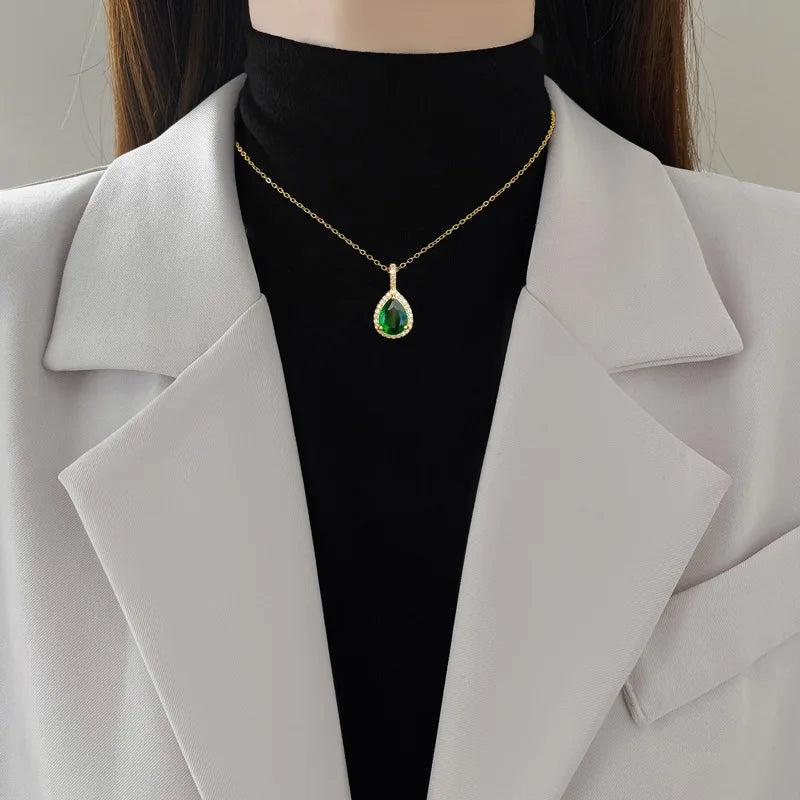 Jewelry Sets Women Elegant Waterdrop Green Rhinestone Pendant Necklace stud Earrings Wedding Dress Bridal Jewelry Set 2pcs/set
