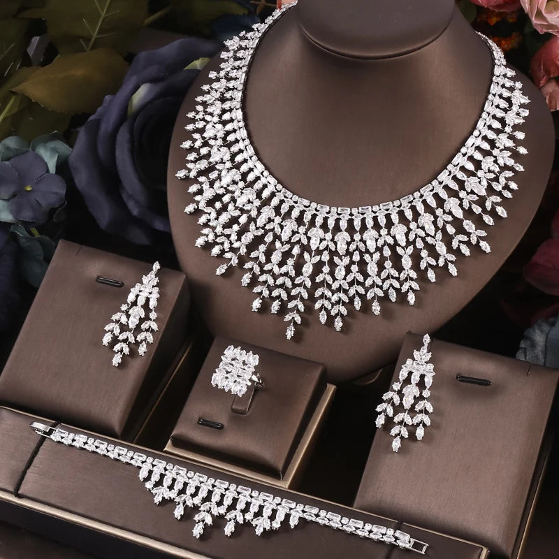 Janekelly 4pcs Bridal Zirconia Full Jewelry Sets For Women Party, Luxury Dubai CZ Crystal Wedding necklace sets