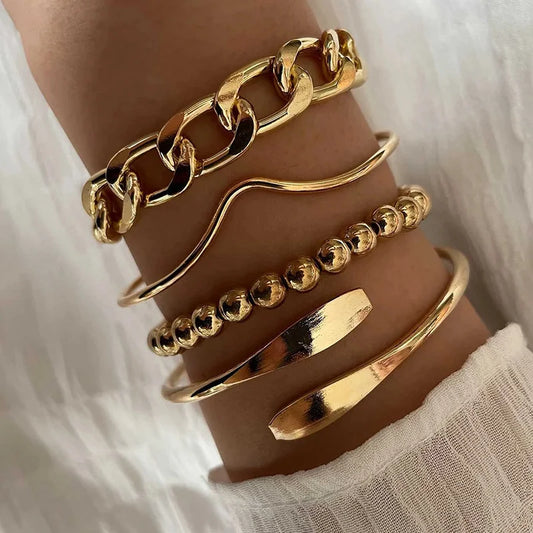 Punk Curb Cuban Chain Bracelets Set for Women Simple Thick Gold Color Charm Bracelets Fashion Jewelry Accessories New