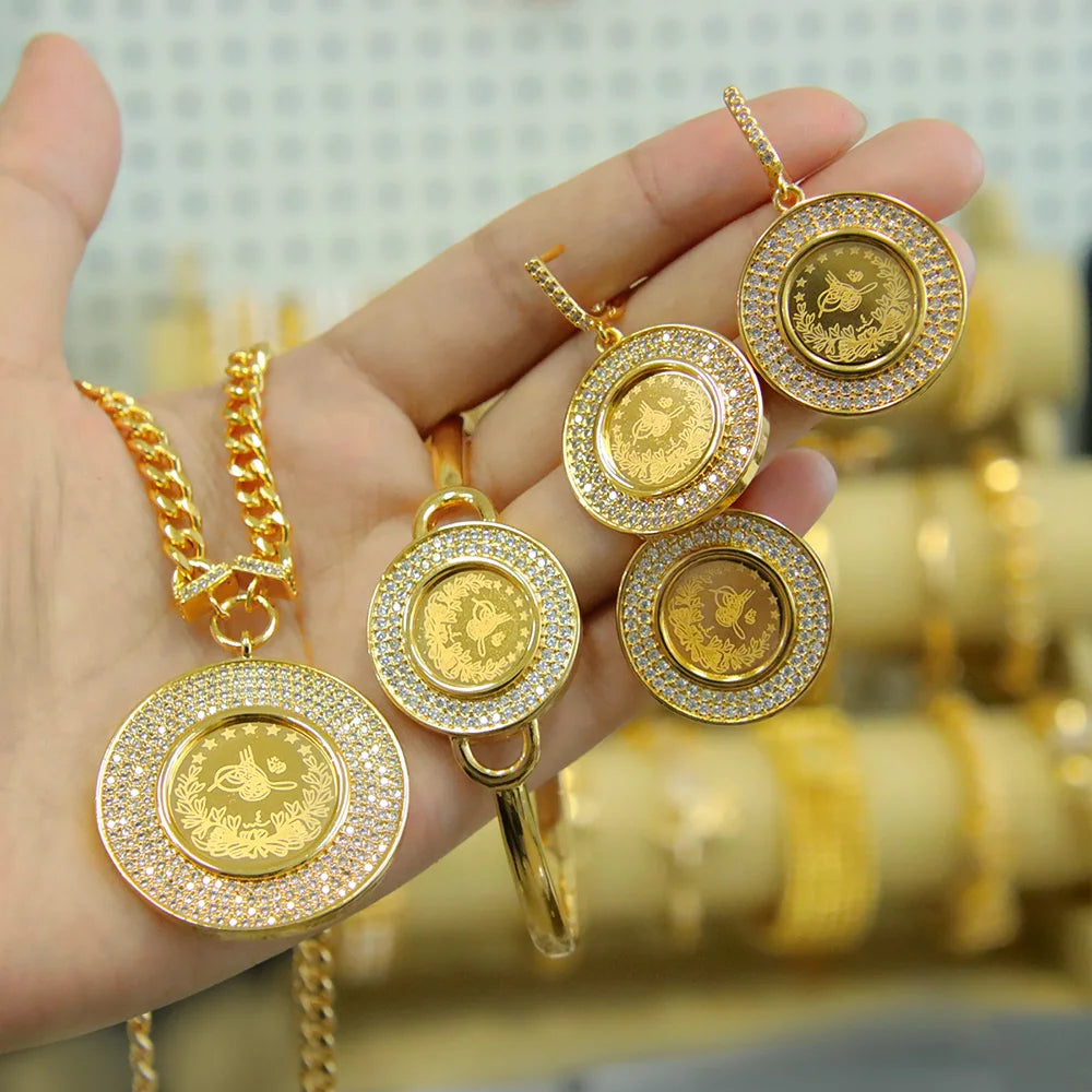 Turkish Coin Gold Jewelry Set 24k Gold Plated Zircon Luxury Necklace Set Middle East Dubai Full Set Wedding Party Accessories