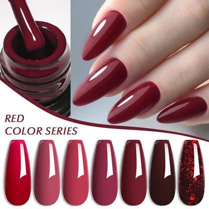 7ML Red Gel Nail Polish Autumn Winter Nails Red Glitter Semi Permanent Varnish Soak Off UV LED Nail Art Gel Polish Manicure DIY