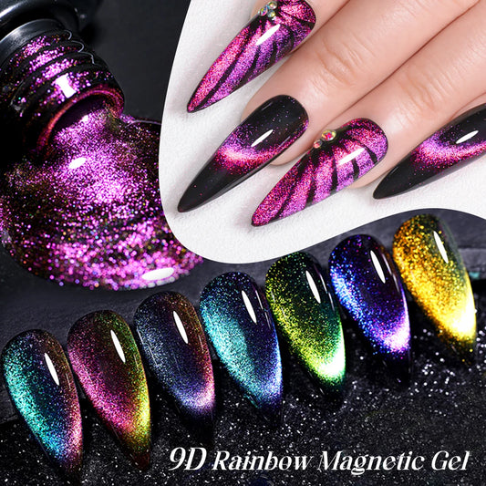 MEET ACROSS 7ml 9D Rainbow Magnetic Gel Holographic Glitter Cat Eye Gel Nail Polish Shiny Reflective Cat Eye's Magnet Gel Polish