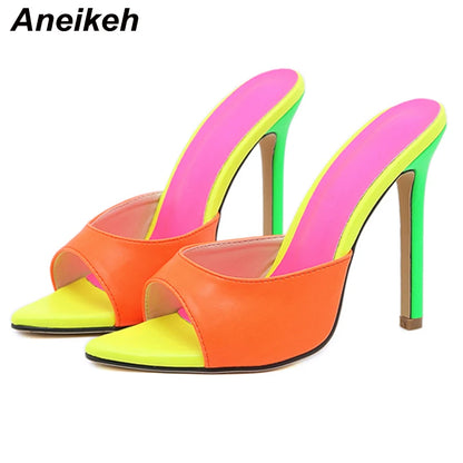 Aneikeh Orange Sandals Mules High Heels Pointed Toe Heels For Women Summer Slippers Lady Party Sandals Shoes Stripper