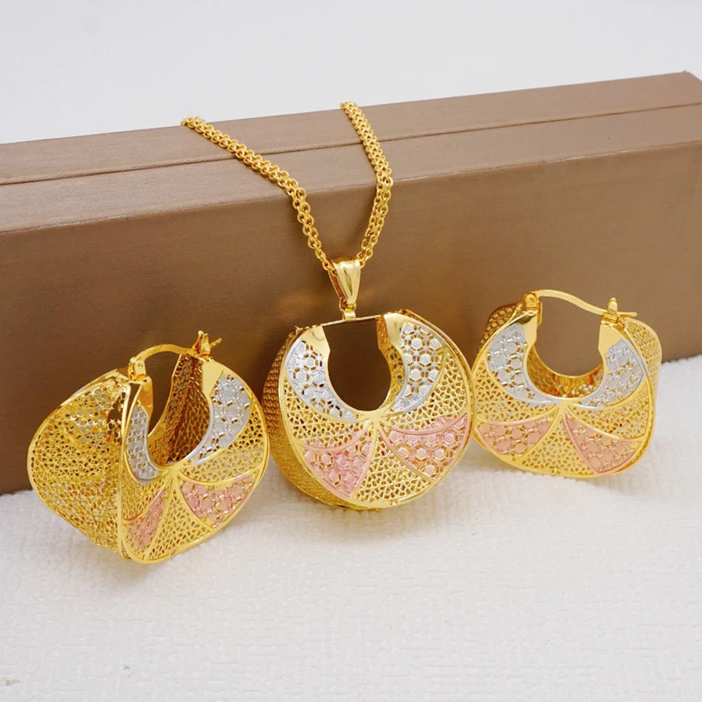 Fashion Dubai Jewelry Sets Gold Color Pendant Copper Classic Earrings Necklace For Women Daily Wear Party Anniversary Gifts