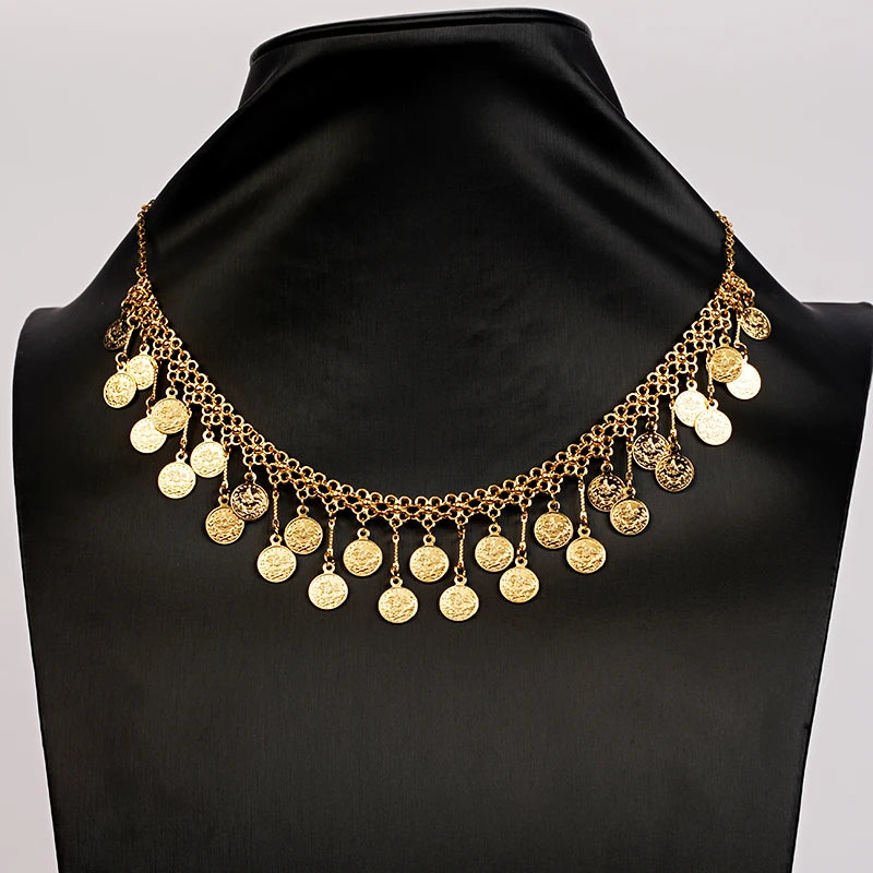 Turkish Coin Chain Necklace Gold Plating Arabic Middle East Coins Jewelry Necklace for Women Ethnic Wedding Jewelry Bridal