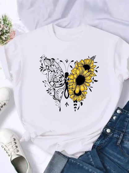 Women's European and American Clothing Butterfly Letter Printed Short-sleeved T-shirt Tops  Graphic T Shirts  Harajuku