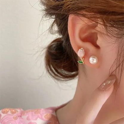 Sweet Fashion Enamel Pearl Tulip Flower Stud Earrings for Women  Zircon Back Hanging Earring Wedding Jewelry