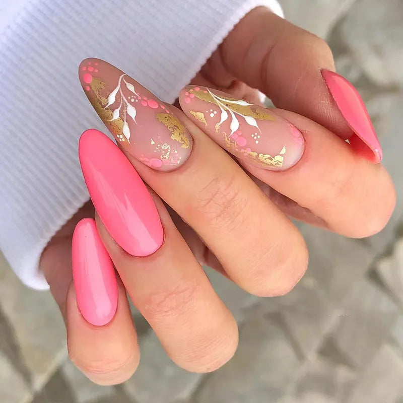 JIASHIXUAN 24Ps/Set Almond Slant Gold Line Lotus Pink Fake Nails Artificial Professional Material art False Nail Supplies For Professionals