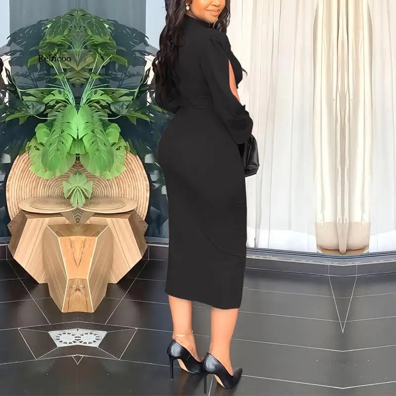Elegant Women Slim Dress Fashion Round Neck Hollow Out Sleeve Bodycon Midi Dress Pencil Dress - Polyester