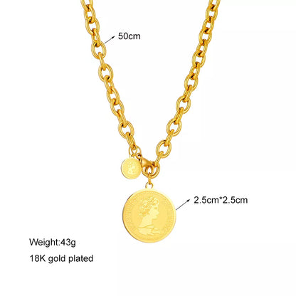 DIEYURO Stainless Steel Gold Color Hip Hop Round Portrait Coin Necklace For Women