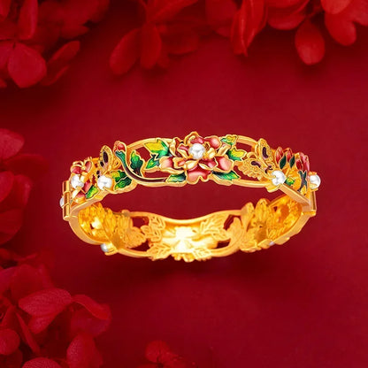 Real 100% Gold 24K Yellow Gold Vintage Enamel Peony Flower Cuff Bracelet for Women Bangles Wedding Fine Jewelry
