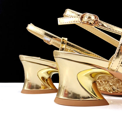 Shiny Gold Color Shoes and Bag Elegant Handbags and Medium Heel Shoes Beautiful Handmade Flowers For Wedding Party