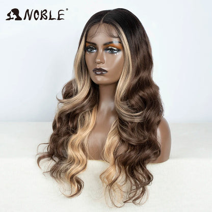 Noble Lace Front Wig Synthetic 28“ Highlight Honey Brown Body Wave Wig Blonde Wigs For Women Lace Wig Synthetic Lace Front Wig