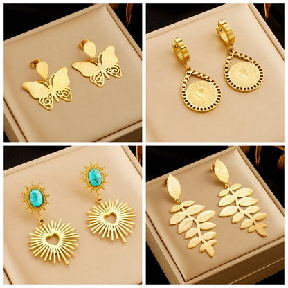 DIEYURO 316L Stainless Steel Heart Butterfly Leaf Drop Earrings For Women Girl Fashion Anti-rust Ear Jewelry