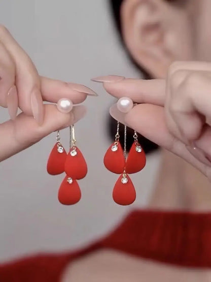 Rhinestone Ball Tassel Earrings Silver Needle Fashion Red Long Earrings For Women