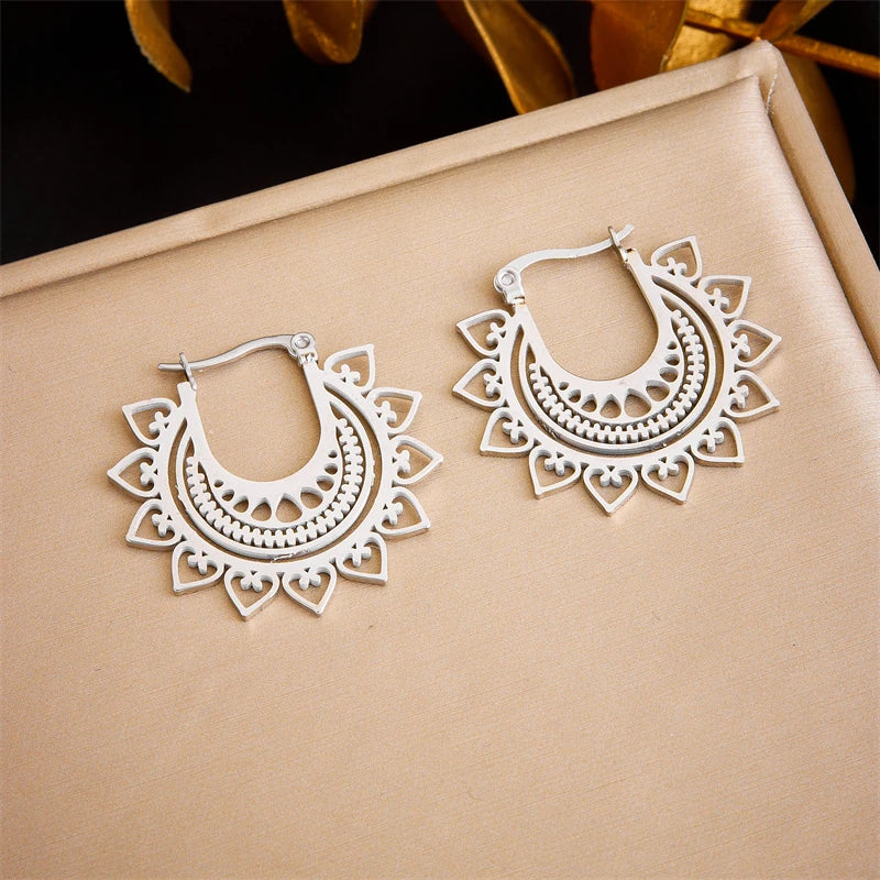 DIEYURO 316L Stainless Steel Snake Flower Round Drop Earrings For Women Fashion 2-Color Ear Jewelry Holiday