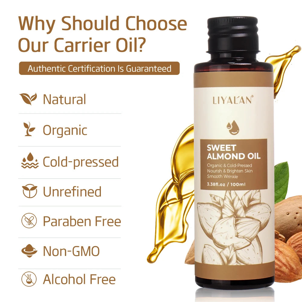 LIYALAN 100ml Sweet Almond Oil Body Care Massage Nourish Moisturize Dry Skin Smooth Wrinkle Strengthen Hair Pure Natural Skin Care