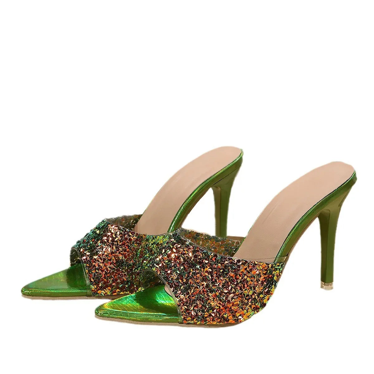 High Heels Slippers Womens Summer New Sexy Open Toe Stilettos Sandals Woman Luxury Sequined Pointed Banquet Party Pumps