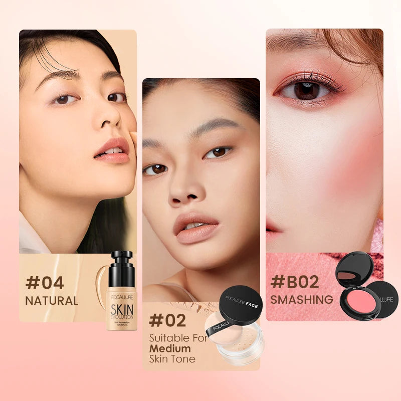 FOCALLURE Face Makeup Set Liquid Foundation Loose Powder Blusher Waterproof Long-lasting Full Coverage Concealer Women Cosmetics