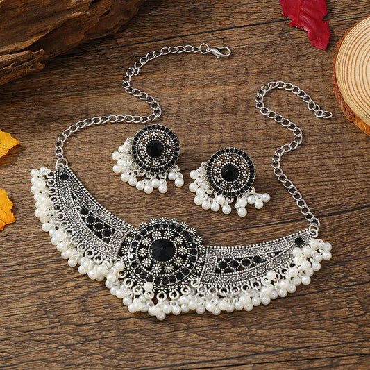 Black Crystal Choker Necklaces Earrings Jewelry Sets for Women Bohemian Ethnic Tribal Indian Style Party Pearls Jewelry Sets