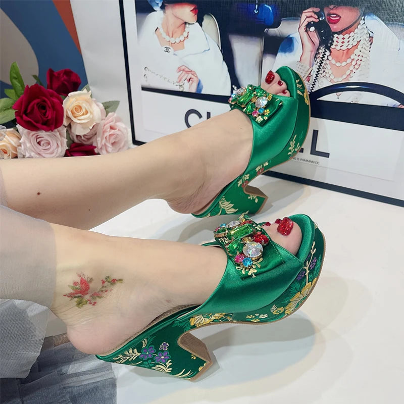 Geriger Gegallel  Summer  Ladies Wedding High Heels Artificial Embroidery Pattern Diamond Design Party Women Sandals Shoes & Bag Set