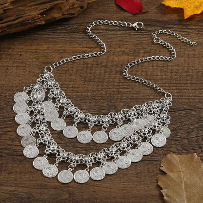 Retro Carved Coin Tassel Statement Necklace Women Boho Double layers Choker Necklaces Pendants New Women Jewelry Collares