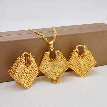 Fashion Dubai Jewelry Sets Gold Color Pendant Copper Classic Earrings Necklace For Women Daily Wear Party Anniversary Gifts