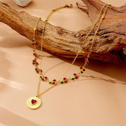 DIEYURO 316L Stainless Steel cherry Circular Inlaid Red Heart Zircon Double-layer Necklace WomensTrend Neck Chain Jewelry Gift