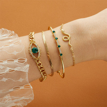 Fashionable Snake Imitation Gemstone Bangle Rhinestone Full Metal Bracelet Set for Women's Jewelry Birthday Party 4PCS/Set