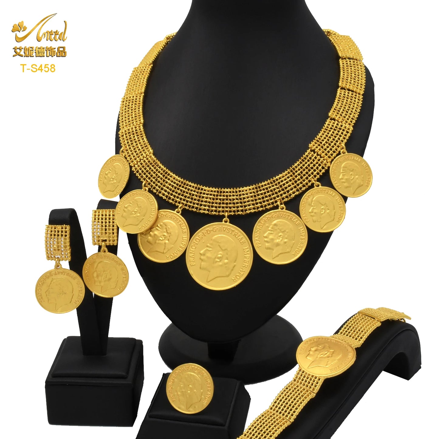 ANIID Dubai Gold Color Coin Necklace Bracelet Jewelry Sets For Women African Ethiopian Bridal Wedding Luxury Jewellery Gifts