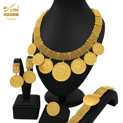 ANIID Dubai Gold Color Coin Necklace Bracelet Jewelry Sets For Women African Ethiopian Bridal Wedding Luxury Jewellery Gifts