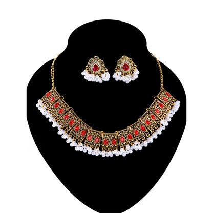 Luxury Vintage Indian Jewelry Set Antique Gold Plated Crystal Zircon Necklace Earrings Sets Ethnic Bridal Wedding Jewelry