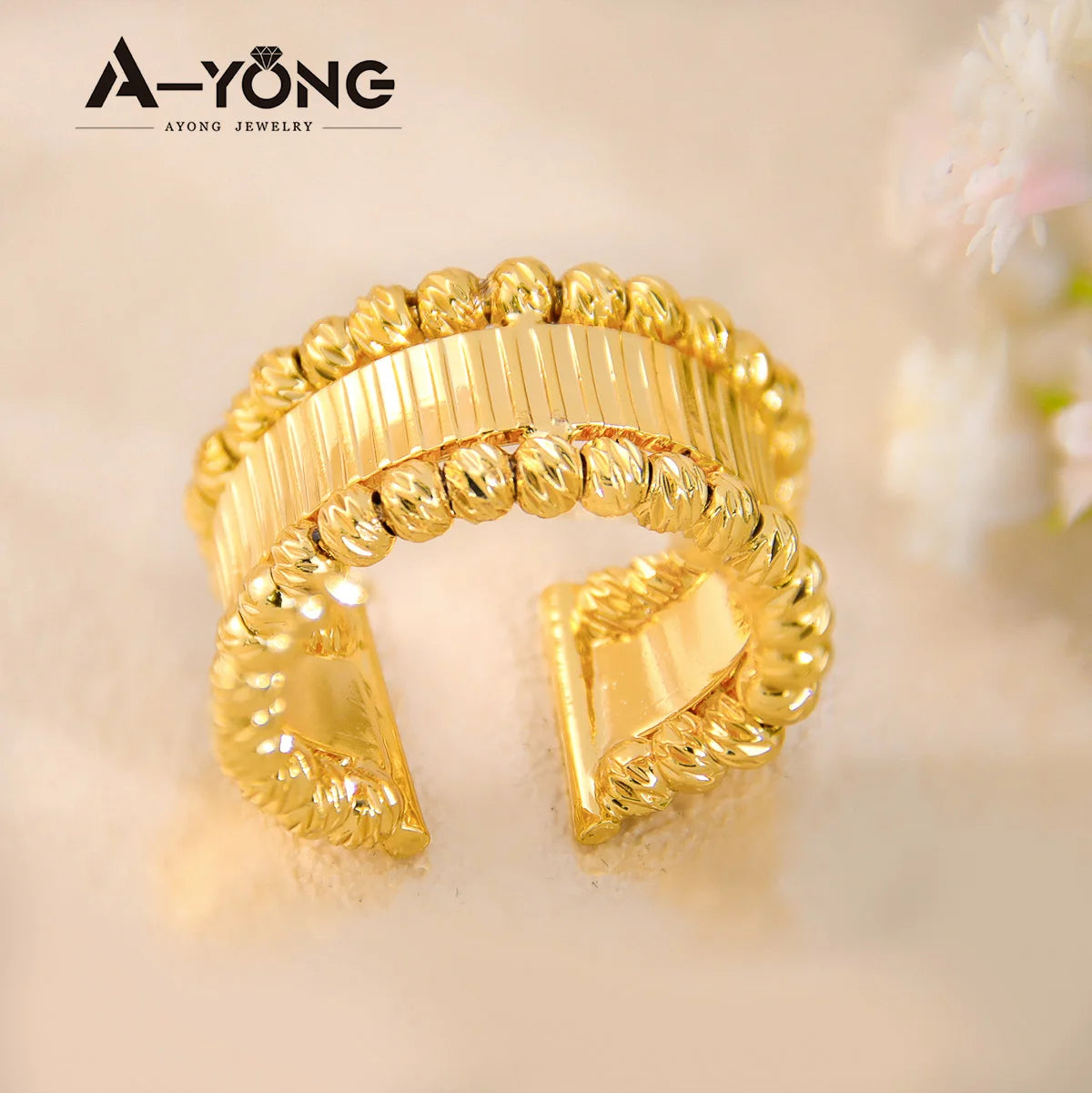 Italian Elegant Gold Bracelet and ring  Set 21k Gold Plated Turkish Bead Openwork Copper Bracelets Ring Luxury Dubai Style Bridal Jewelry