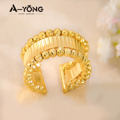 Italian Elegant Gold Bracelet and ring  Set 21k Gold Plated Turkish Bead Openwork Copper Bracelets Ring Luxury Dubai Style Bridal Jewelry