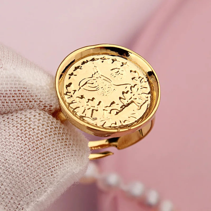 Brass Gold Plated Turkish Coin Rings Adjstable Size Middle East Bague Femme Luxury Bridal Jewelry Wedding Ring Royal Gifts