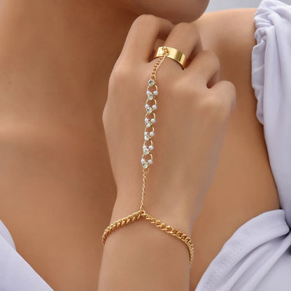 Shiny Rhinestone Pearl Chain Linked Finger Ring Bracelets for Women Punk Cuban Chain Bracelet Link Hand Harness Jewelry