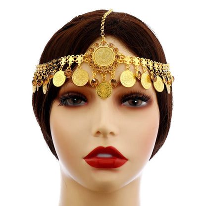 Golden Indian Crystal Flower Coins Hairband Hair Accessories for Women Ethnic Bride Wedding Forehead Head Chains Hair Jewelry