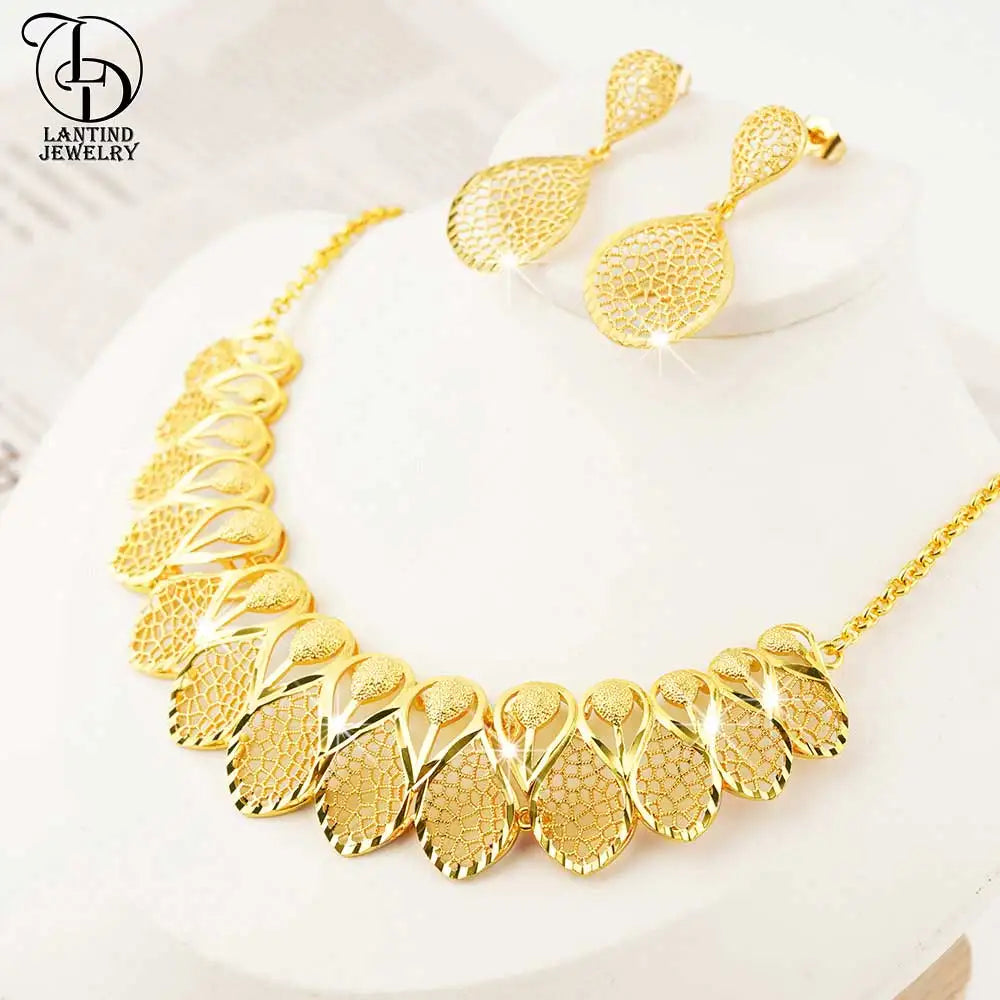 Dubai Style Cut Out Leaf Necklace Middle Eastern Fashion Ladies 24K Gold-Plated Water Drop Pattern Earrings Fashion Bridal Copper Jewelry Set