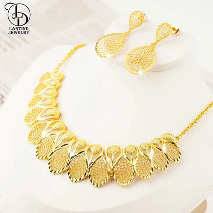Dubai Style Cut Out Leaf Necklace Middle Eastern Fashion Ladies 24K Gold-Plated Water Drop Pattern Earrings Fashion Bridal Copper Jewelry Set