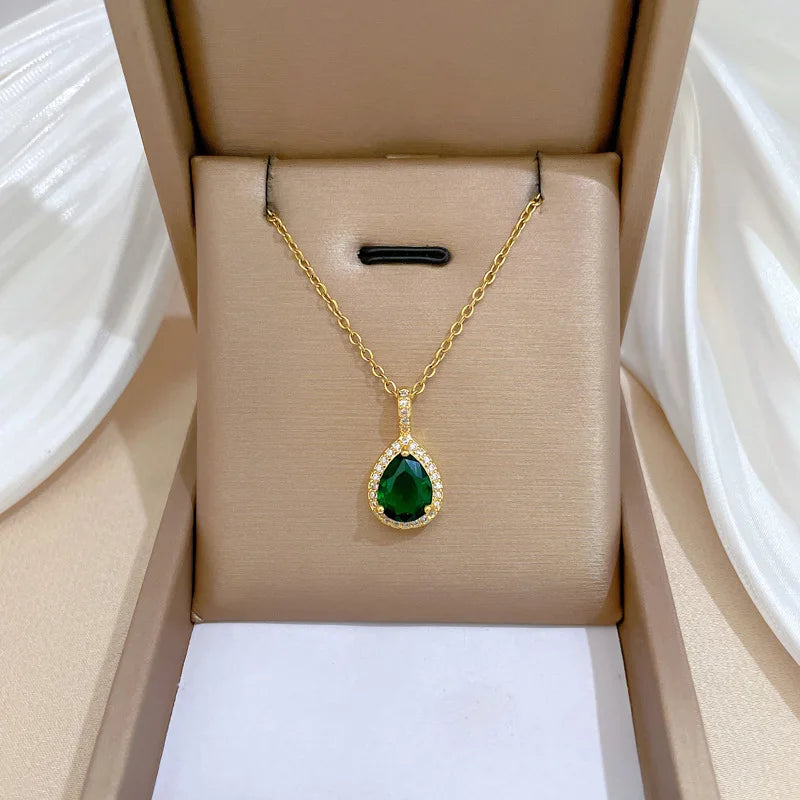 Jewelry Sets Women Elegant Waterdrop Green Rhinestone Pendant Necklace stud Earrings Wedding Dress Bridal Jewelry Set 2pcs/set