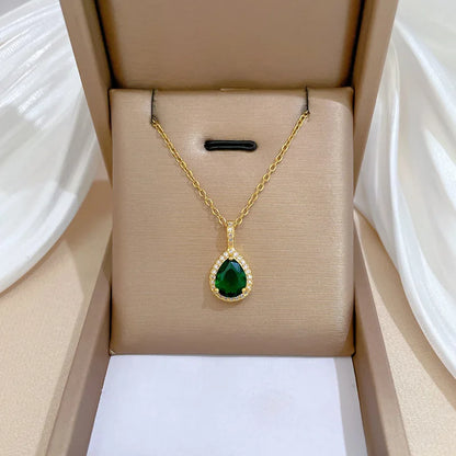 Jewelry Sets Women Elegant Waterdrop Green Rhinestone Pendant Necklace stud Earrings Wedding Dress Bridal Jewelry Set 2pcs/set