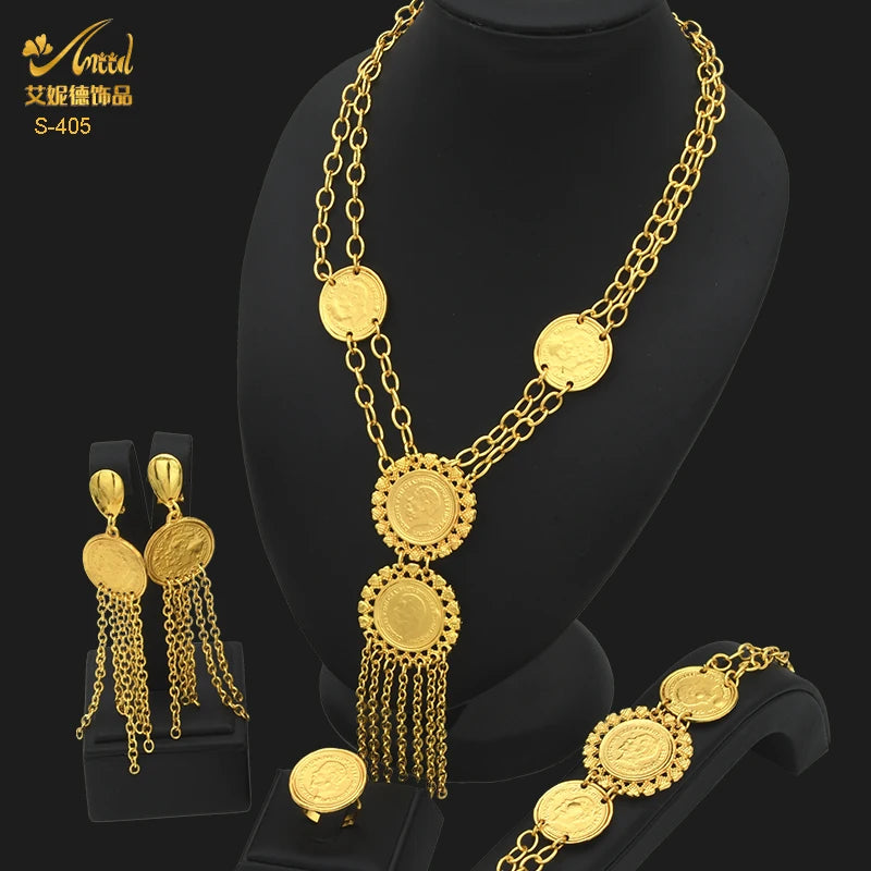 ANIID Dubai Gold Color Coin Necklace Bracelet Jewelry Sets For Women African Ethiopian Bridal Wedding Luxury Jewellery Gifts