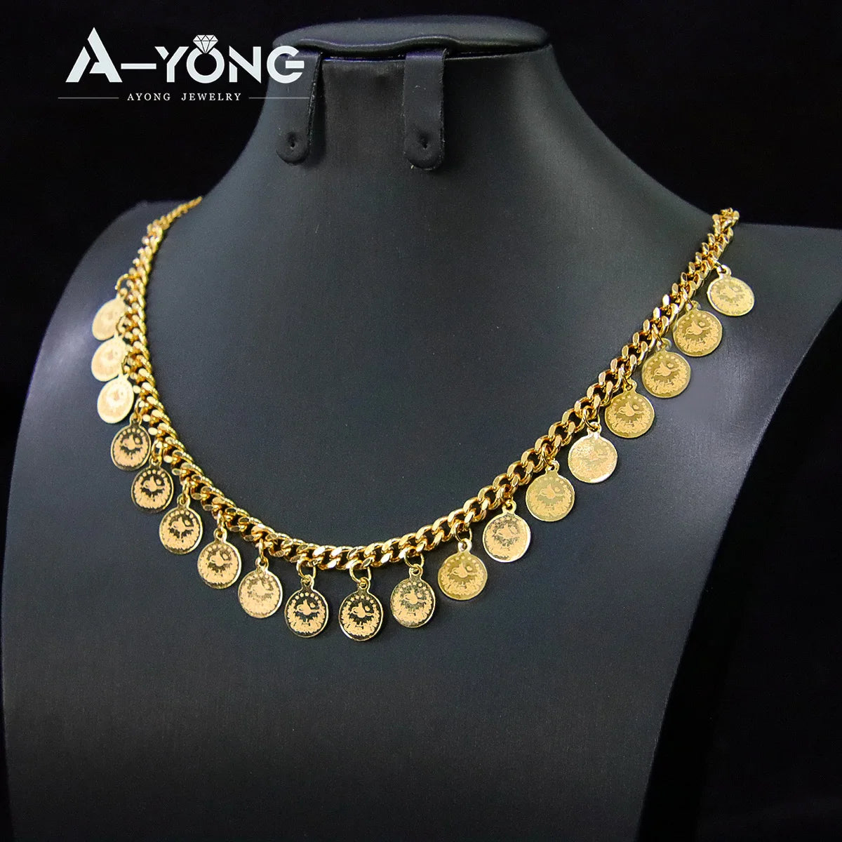 AYONG Arab Coin Necklace Pendant 21k Gold Plated Middle East Turkish Cuban Chain Pendant Women Wedding Banquet Accessories