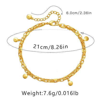 Anklet Simple Double Link Chain Plated with 18K Gold Anklets Bohemia Round Pendant Adjustable Length Metal Anklet for Women Jewelry