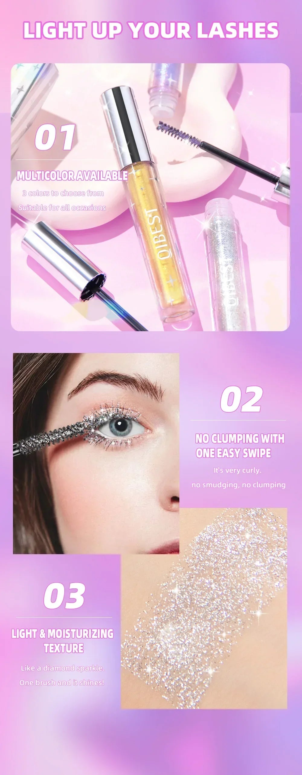 Sliver Gold Purple Diamond Glitter Mascara Quick Dry Long Lasting Waterproof Curling Thick Shiny Eyelash Sexy Mascara Makeup