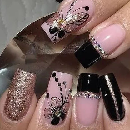 24pcs Ballet False Nails Simple Red Design Glitter Fake Nails Pearl Short Square Valentine’s Day Datachable Press on Nail Tips