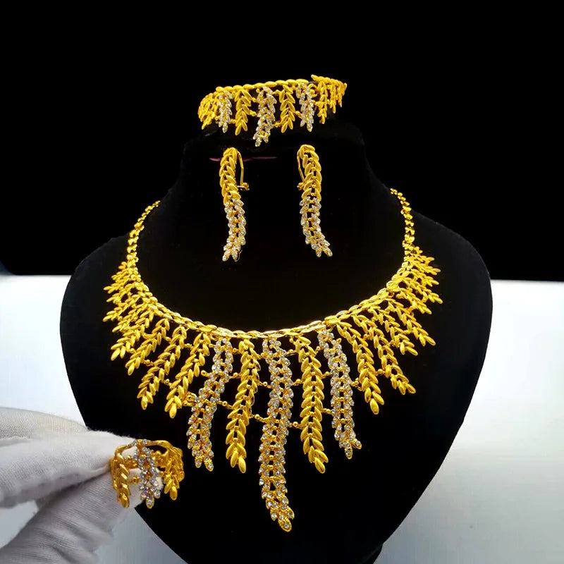 Gold Color Hollow Earrings Necklace Bead Set Fashion Women Dubai Africa Luxury Punk Jewelry Set Choker Wholesale Round Bangle
